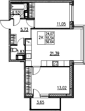 3Е-комнатная, 56.64 м²– 2