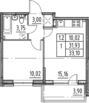 2Е-комнатная, 31.93 м²– 2