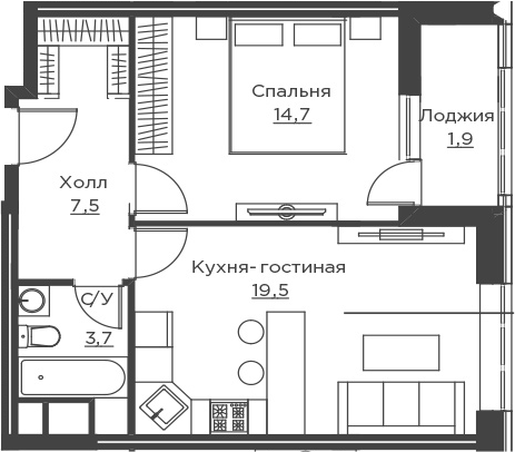 2Е-комнатная, 47.3 м²– 2