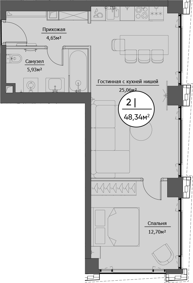 2Е-комнатная, 48.34 м²– 2