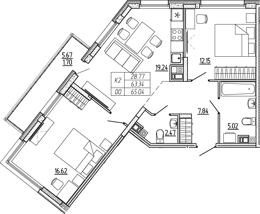 3Е-комнатная, 65.04 м²– 2
