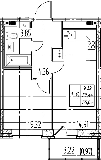 2Е-комнатная, 32.44 м²– 2