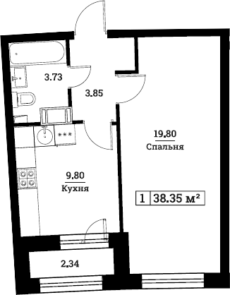 1-комнатная, 38.35 м²– 2