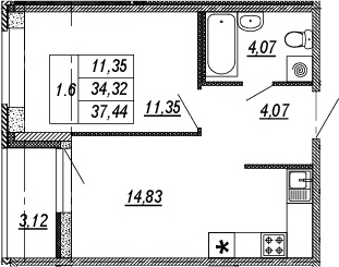 1-комнатная, 34.32 м²– 2