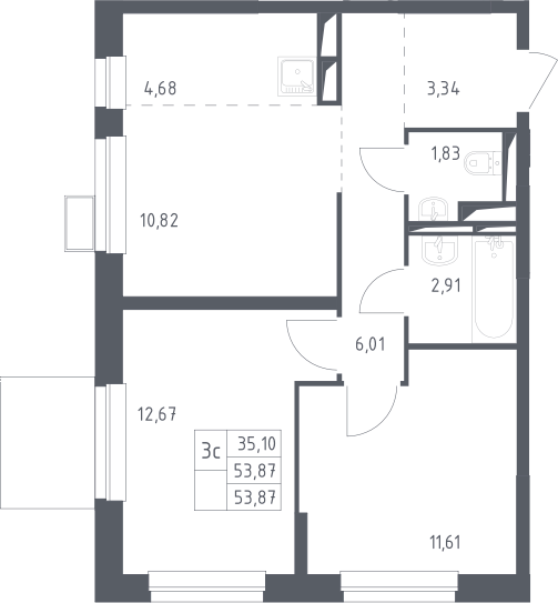 3Е-комнатная, 53.91 м²– 2