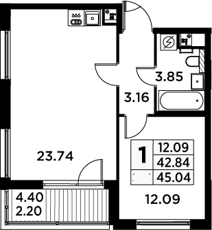 2Е-комнатная, 45.04 м²– 2