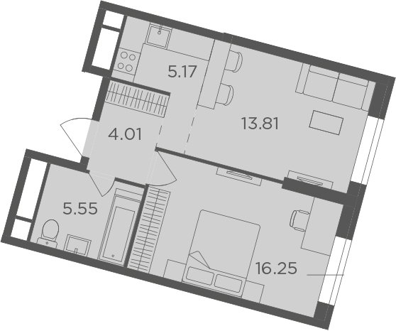 2Е-комнатная, 44.79 м²– 2