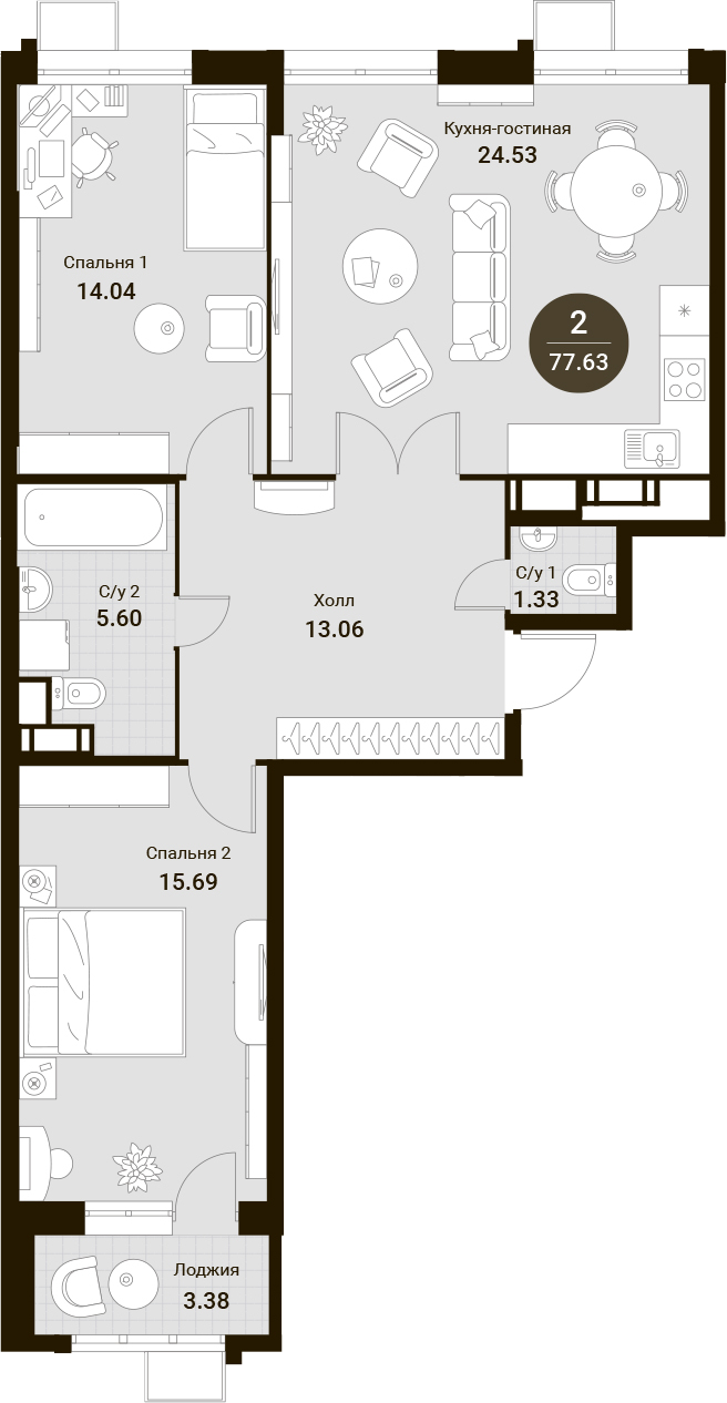 3Е-комнатная, 77.63 м²– 2
