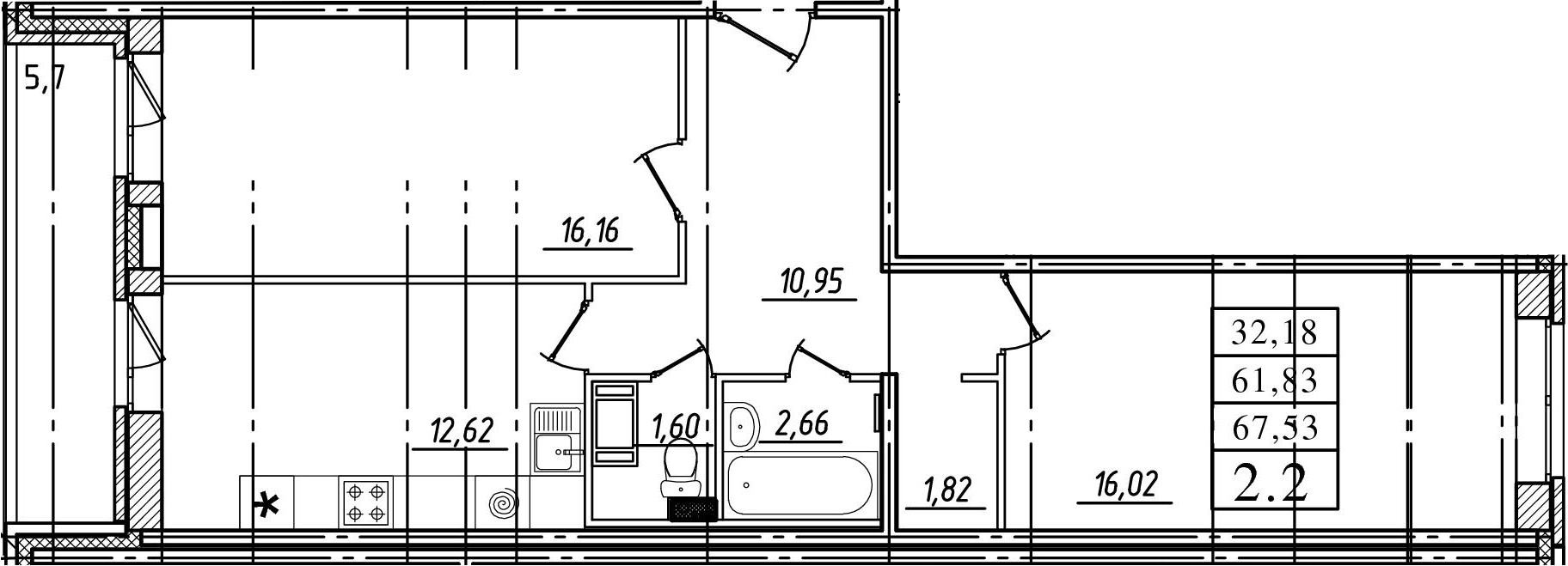 2-комнатная, 61.83 м²– 2