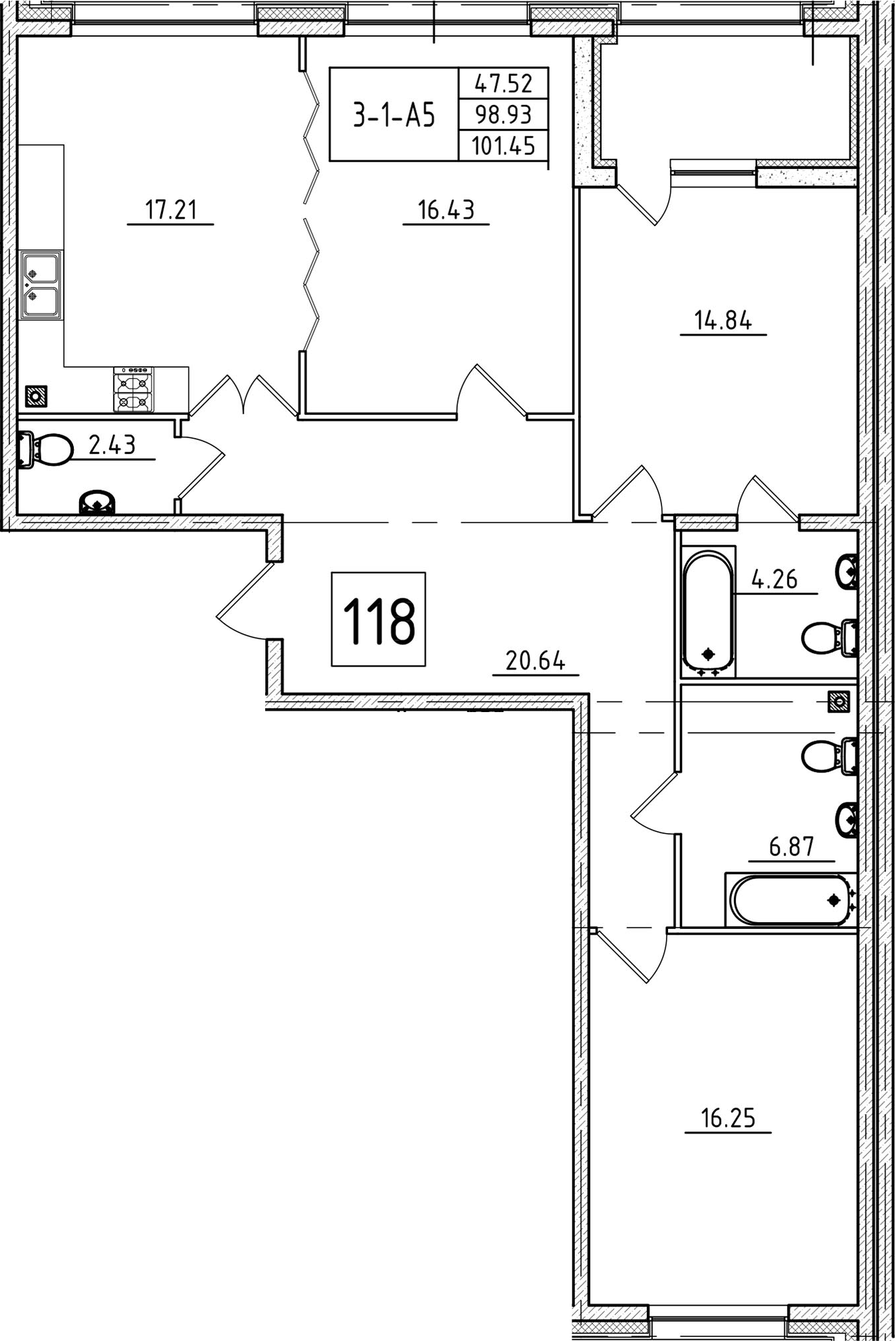 3Е-комнатная, 101.45 м²– 2