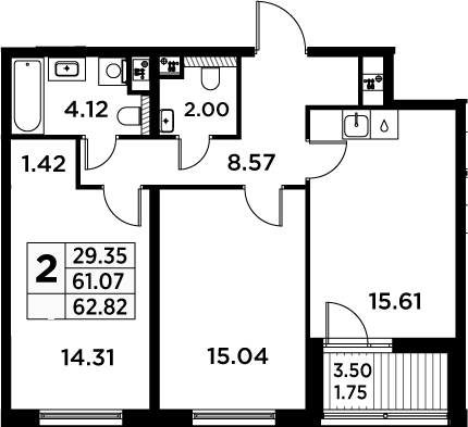 3Е-комнатная, 62.82 м²– 2
