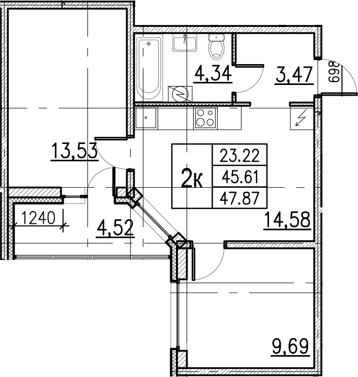 3Е-комнатная, 47.87 м²– 2