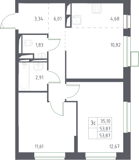 3Е-комнатная, 53.87 м²– 2