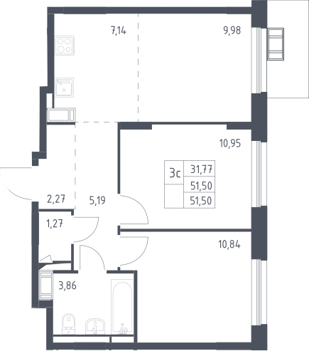 3Е-комнатная, 51.5 м²– 2