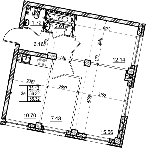 3Е-комнатная, 56.32 м²– 2