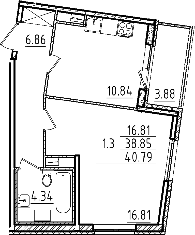 1-к.кв, 38.85 м²