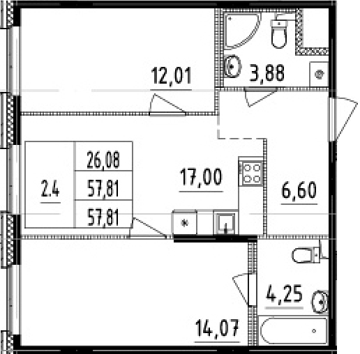 3Е-комнатная, 57.81 м²– 2
