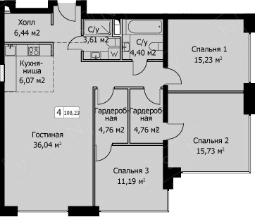 4Е-комнатная, 108.23 м²– 2