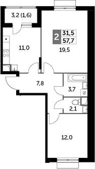 2-комнатная, 57.7 м²– 2