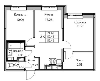 3Е-комнатная, 52.46 м²– 2