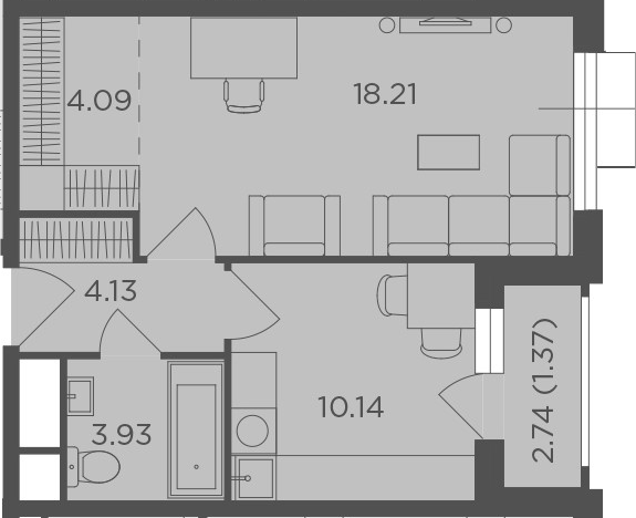 1-комнатная, 41.87 м²– 2