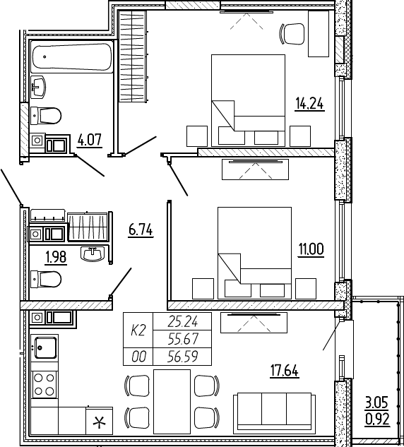 3Е-комнатная, 56.59 м²– 2