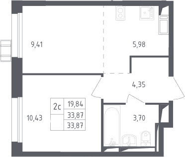 2Е-комнатная, 33.87 м²– 2