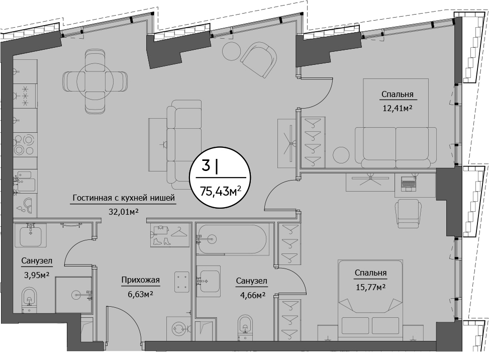 3Е-комнатная, 75.43 м²– 2