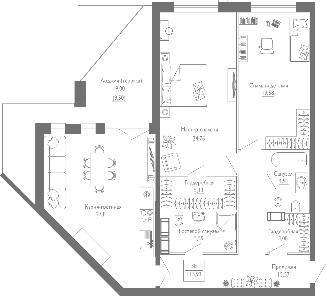 3Е-комнатная, 115.93 м²– 2