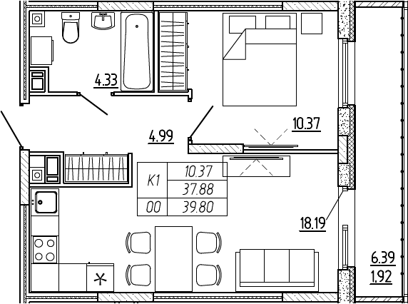 2Е-комнатная, 39.8 м²– 2
