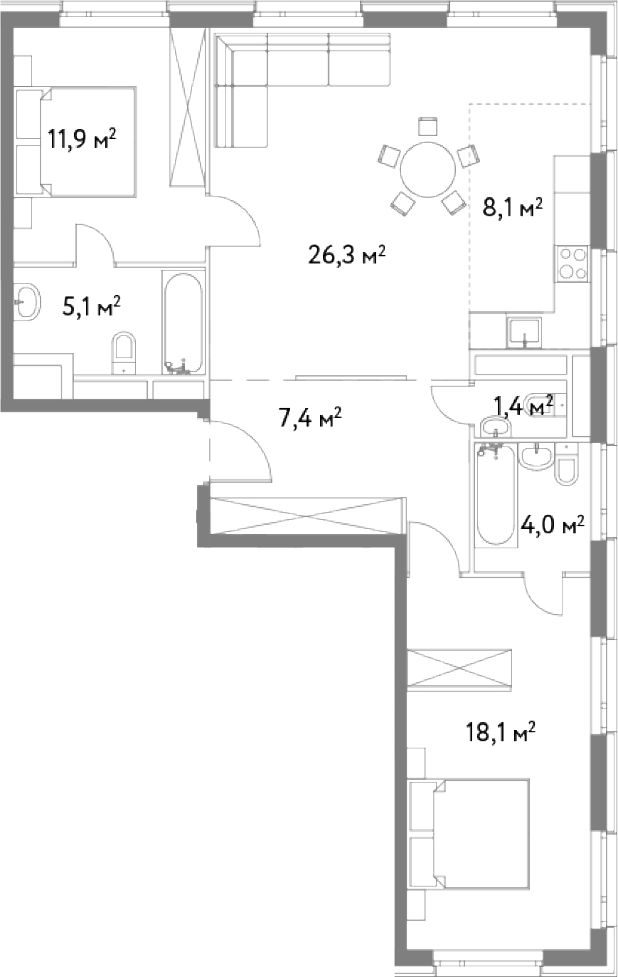 3Е-комнатная, 86.2 м²– 2