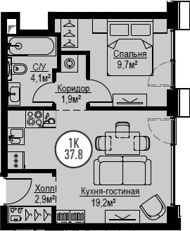 2Е-комнатная, 37.8 м²– 2