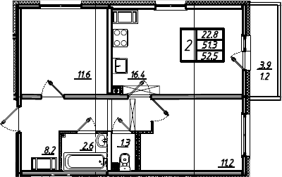 3Е-комнатная, 52.5 м²– 2