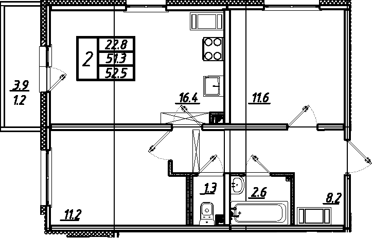 3Е-к.кв, 52.5 м², 24 этаж