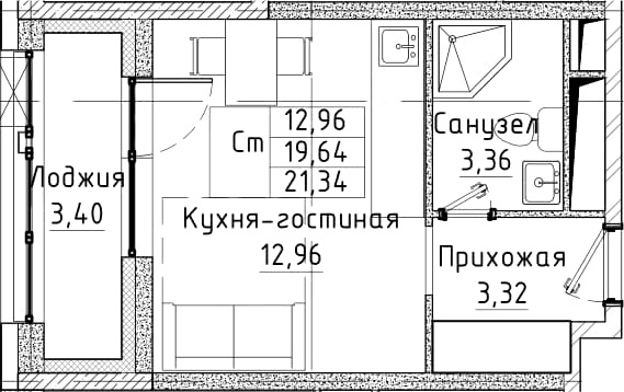 Студия, 21.34 м², 8 этаж