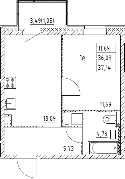 2Е-комнатная, 37.14 м²– 2