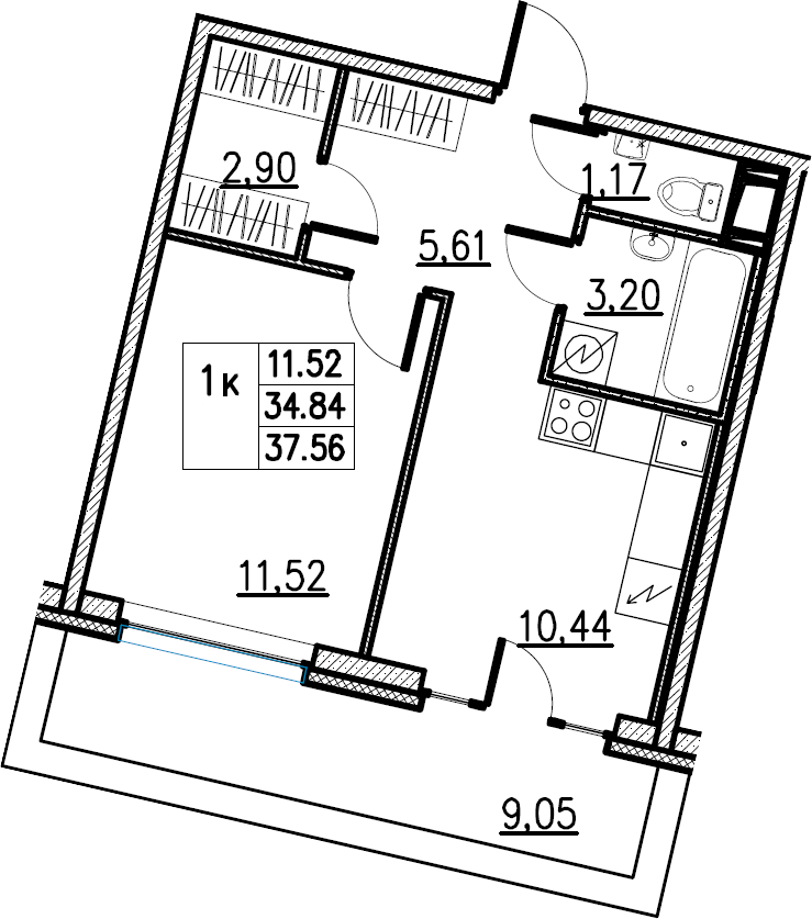 1-комнатная, 37.56 м²– 2