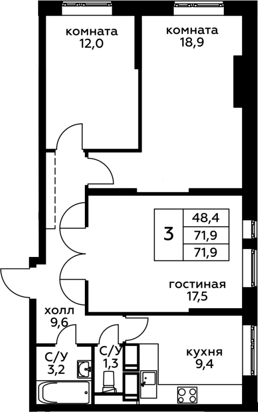 3-к.кв, 71.9 м²