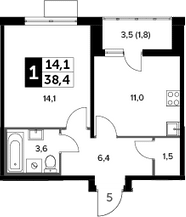 1-комнатная, 38.4 м²– 2