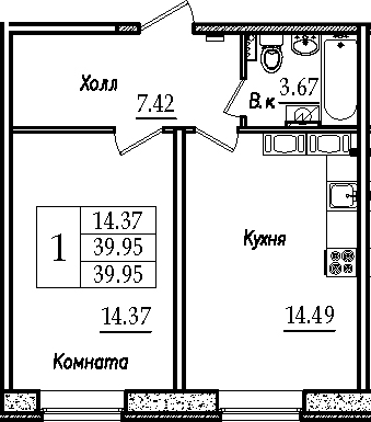 1-комнатная, 39.4 м²– 2