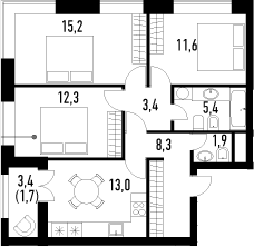 3-комнатная, 72.8 м²– 2