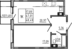 2Е-комнатная, 48.49 м²– 2