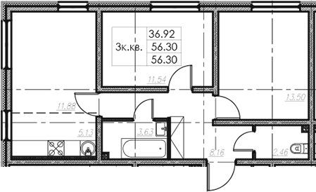 3Е-комнатная, 56.3 м²– 2