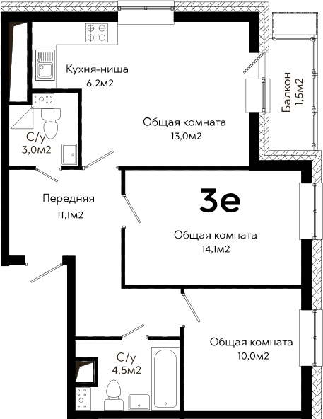 3Е-к.кв, 63.4 м²