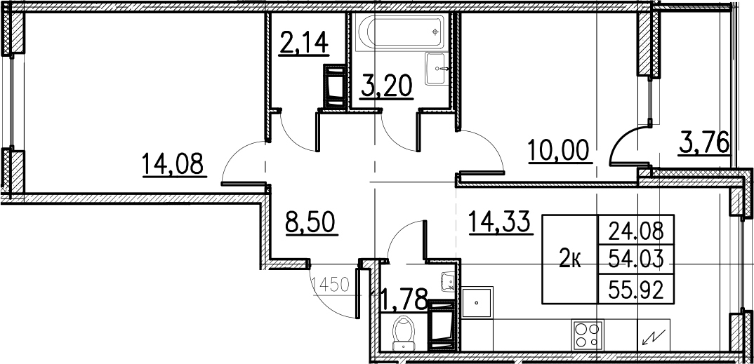 3Е-комнатная, 55.92 м²– 2