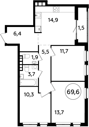 4Е-комнатная, 69.6 м²– 2