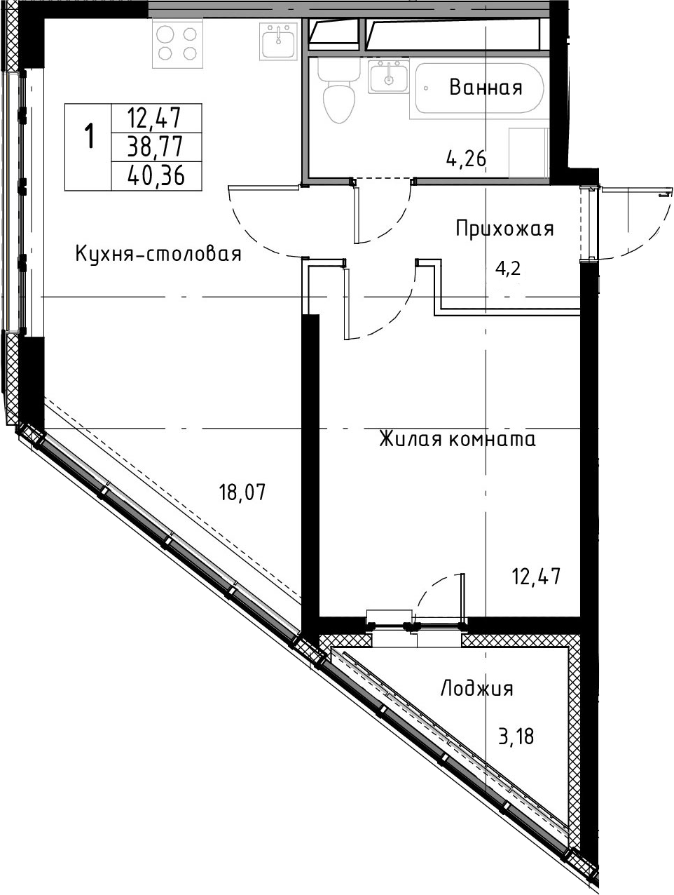 2Е-к.кв, 40.59 м², 6 этаж