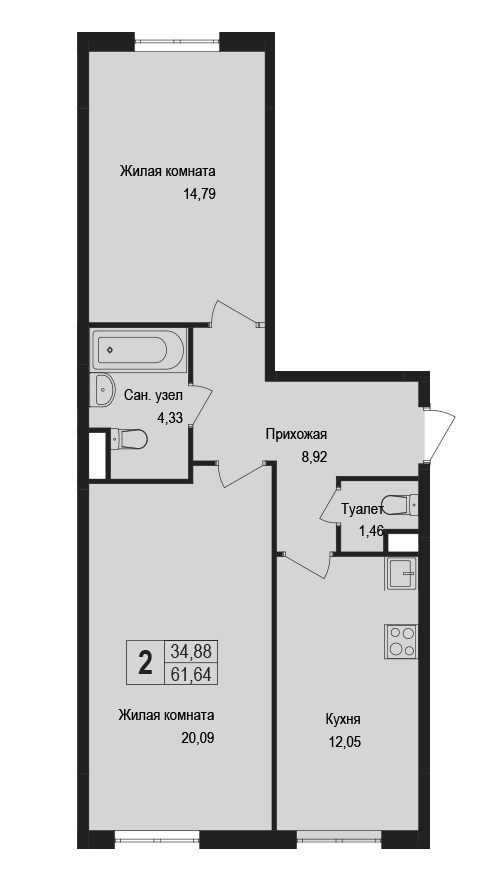 2-комнатная, 61.64 м²– 2