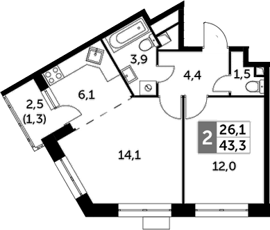 2Е-комнатная, 43.3 м²– 2