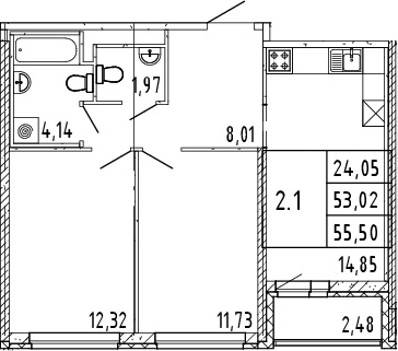 3Е-комнатная, 53.02 м²– 2